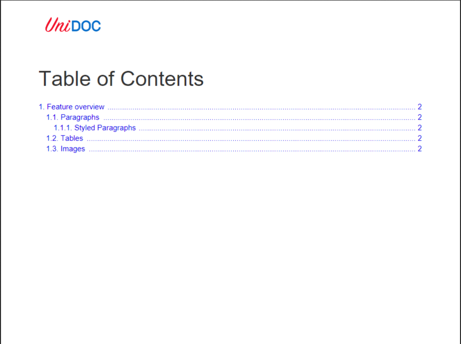 Example of creating a table of contents and inserting in a PDF report
