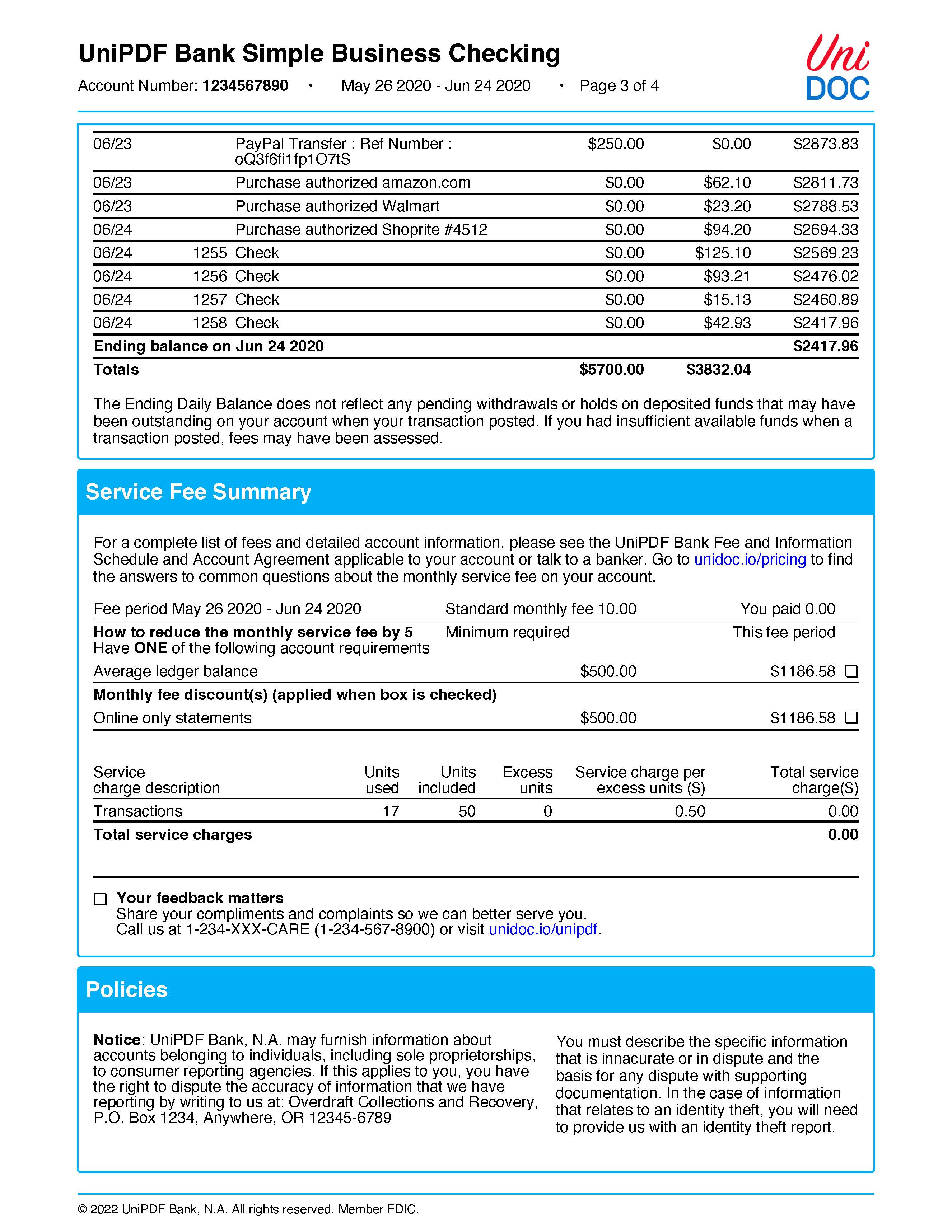 Billing statement example with UniPDF