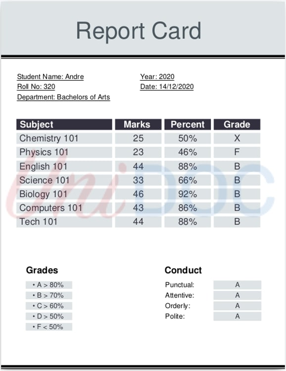 Example report card with watermarked PDF