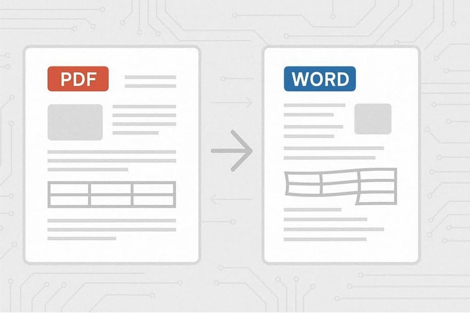 PDF to Word conversion process illustration showing layout and table formatting changes.