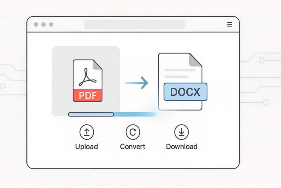 Online tool interface showing PDF being uploaded, converted, and downloaded as DOCX.