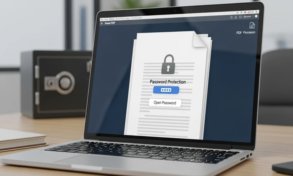 PDF file with password protection screen on a laptop, emphasizing encryption for security.