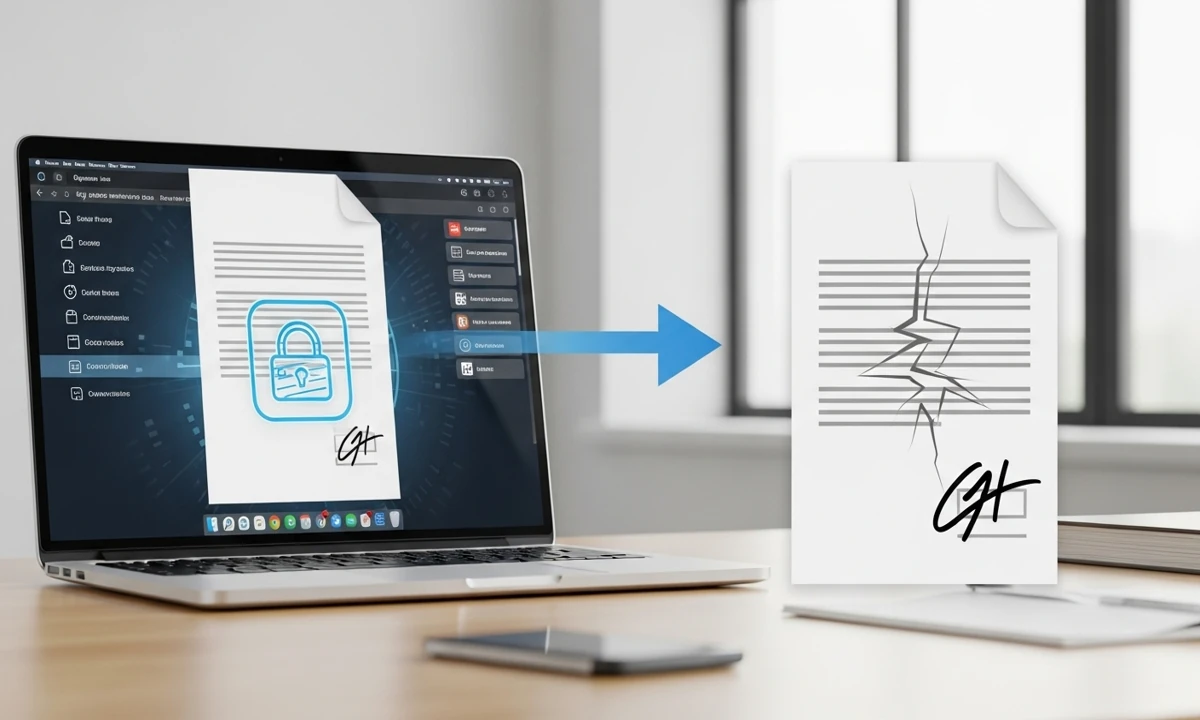 Secure PDF with digital signature and tampered file showing a cracked signature after editing.