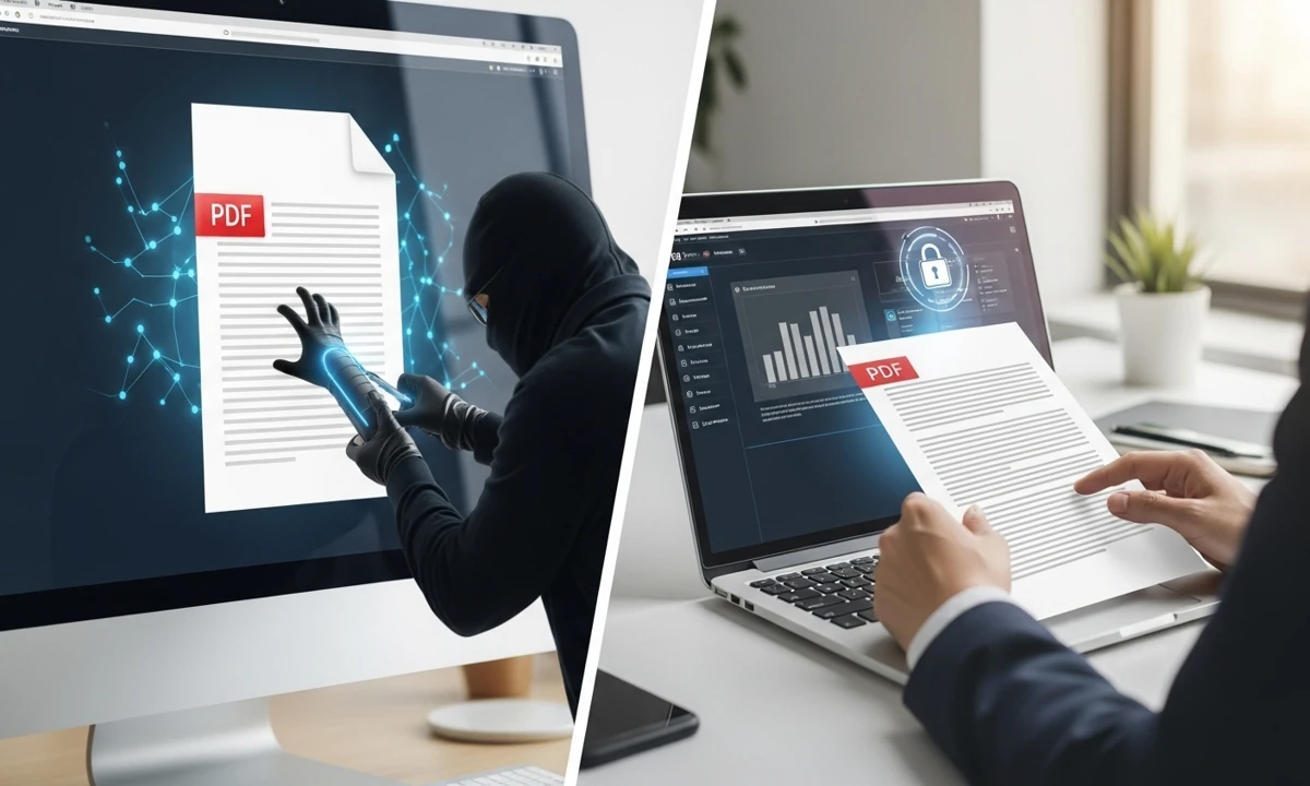 Contrasting PDF security: hacker attempting to breach vs. secured PDF with digital protection